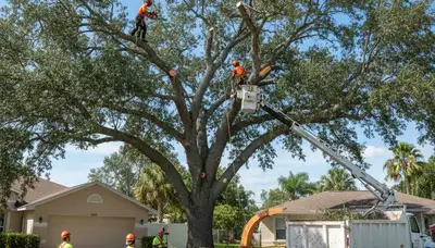 Arborists performing professional tree removal with chainsaws and bucket trucks in Kissimmee, FL