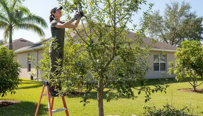 Arborist pruning fruit tree in Kissimmee FL backyard orchard to boost fruiting and tree health