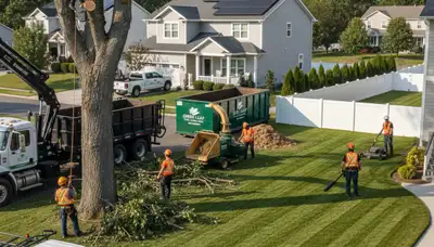 Professional lawn and tree service team working in residential yard in Kissimmee, FL
