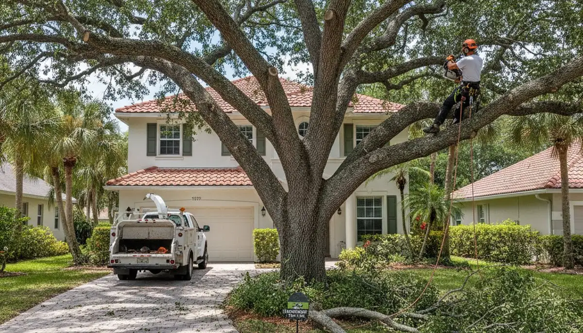 Arborist lifting lower tree canopy for improved driveway clearance in Kissimmee, FL tree trimming service