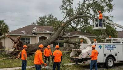 Emergency tree removal crew clearing storm damage in Haines City, FL near Kissimmee tree service area
