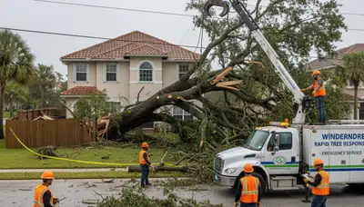 Emergency storm damage tree removal crew clearing fallen trees in Windermere near Kissimmee, FL