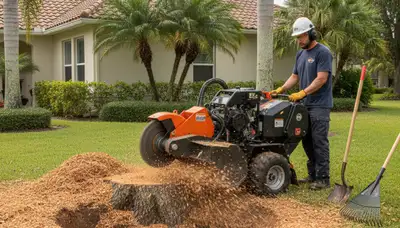 Professional stump grinding service removing tree stumps in Windermere near Kissimmee, FL yard