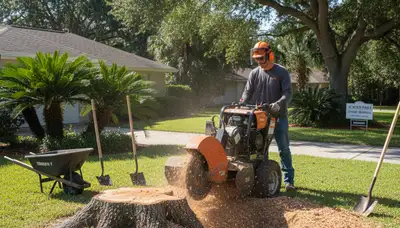Professional stump grinding service removing tree stumps in residential yard, Kissimmee, FL