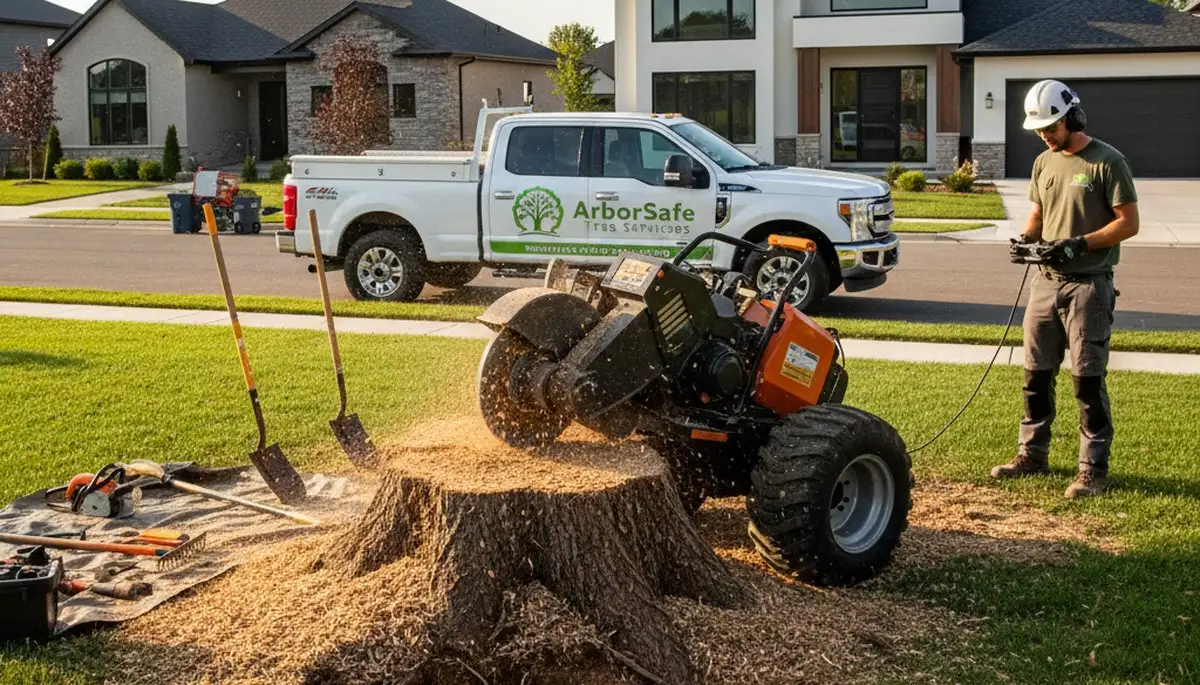 Arborist performing stump removal with grinder in Kissimmee, FL yard near lakefront property