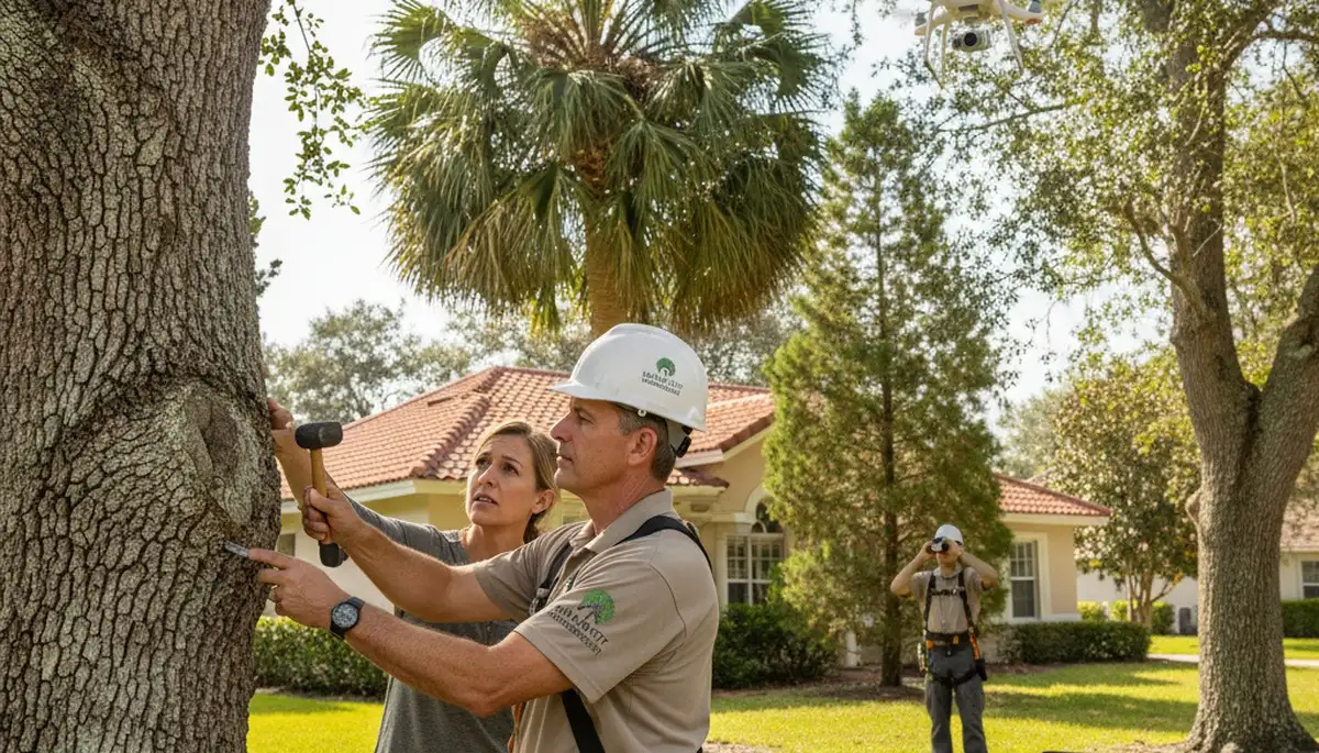 Certified arborist performing tree health assessment for homeowners in Haines City, FL