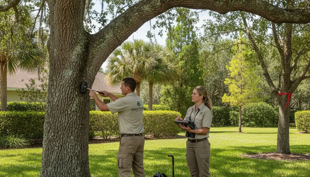 Certified arborist performing tree health assessment for Windermere homeowners near Kissimmee, FL