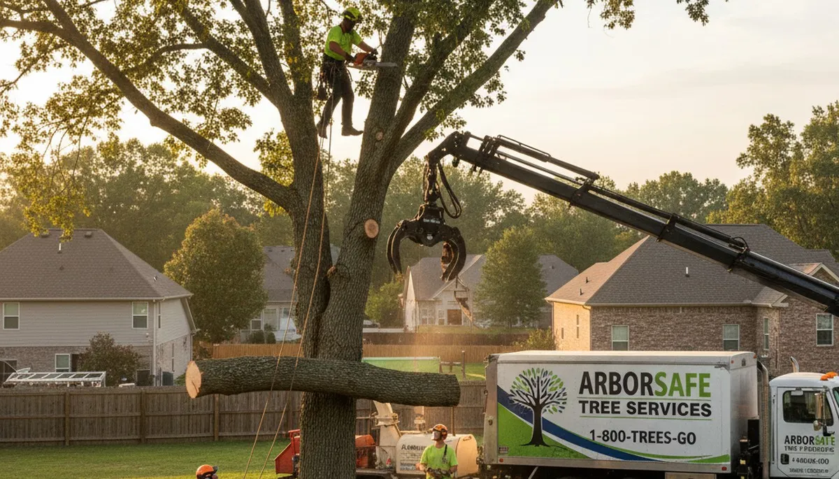 Professional tree removal service team cutting large oak tree in Kissimmee, FL