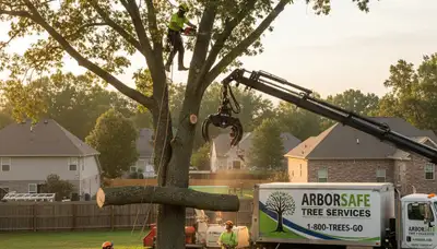 Professional tree removal service team cutting large oak tree in Kissimmee, FL