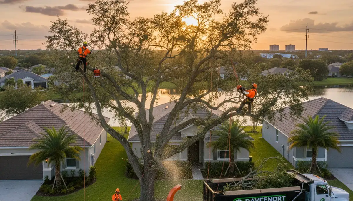 Professional tree removal service in Kissimmee FL safely cutting and clearing large oak tree