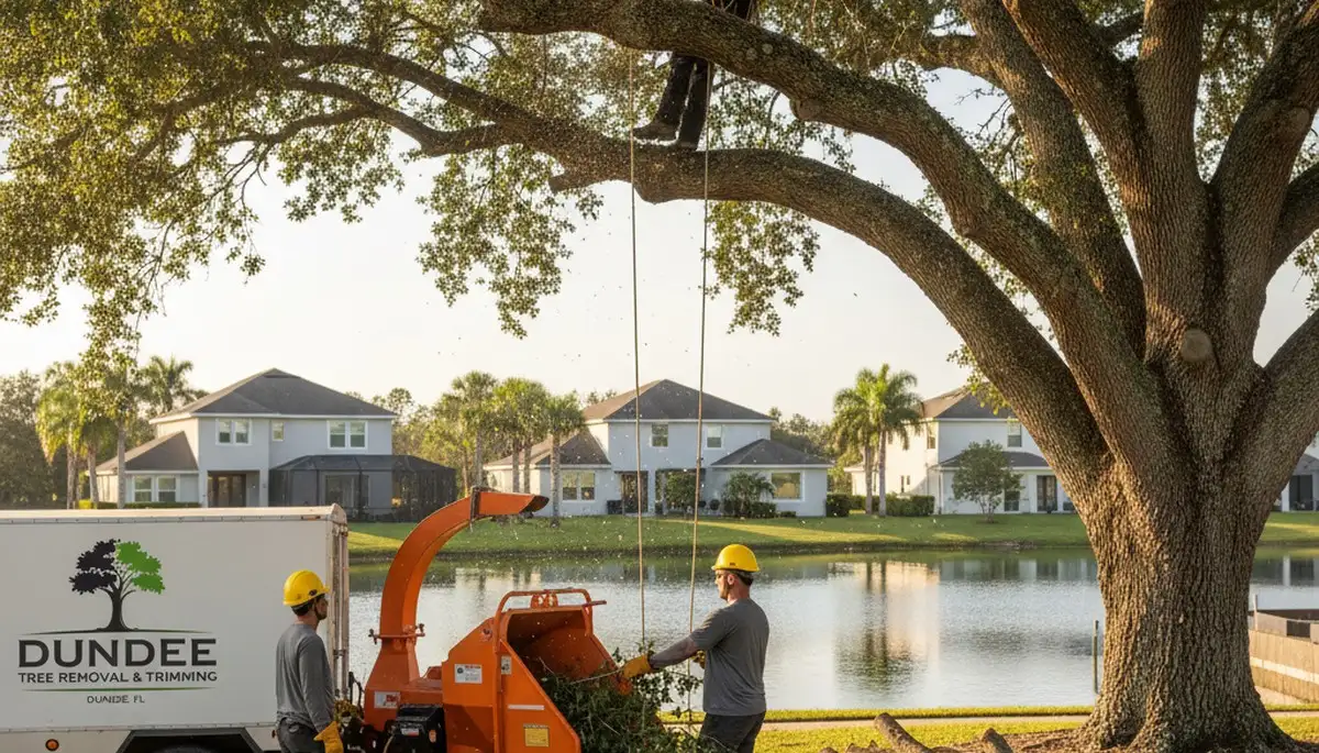Professional tree removal service in Kissimmee FL safely cutting and clearing large oak tree