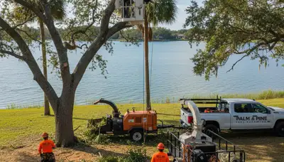 Professional tree removal crew working safely in Kissimmee FL yard