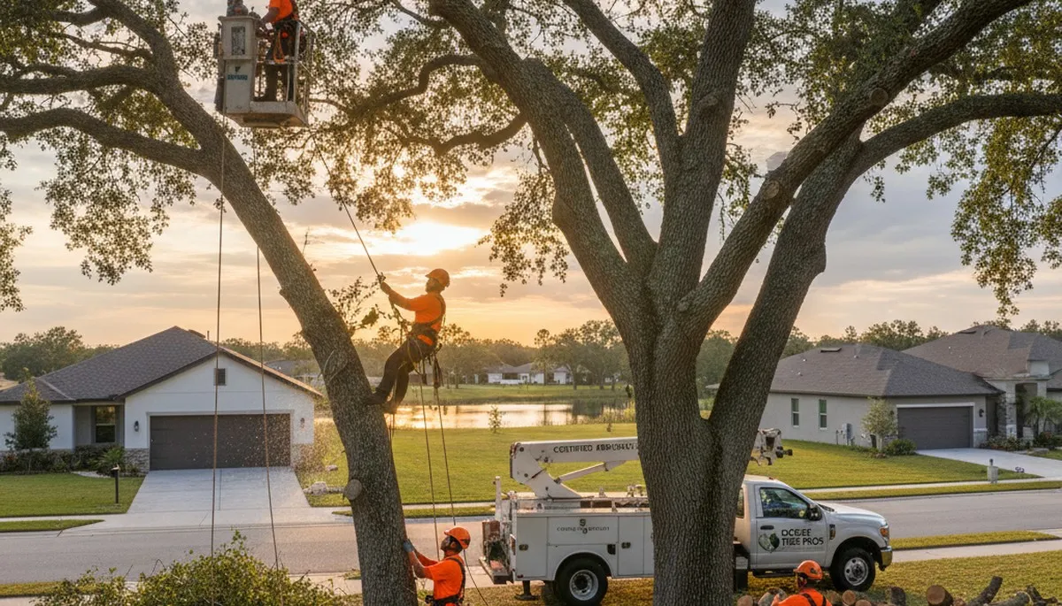 Professional tree removal service crew working safely in Kissimmee FL yard