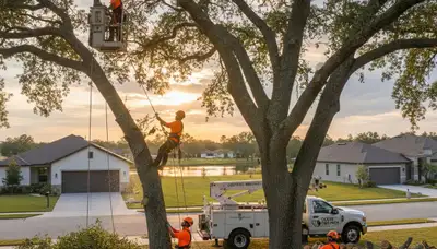 Professional tree removal service crew working safely in Kissimmee FL yard