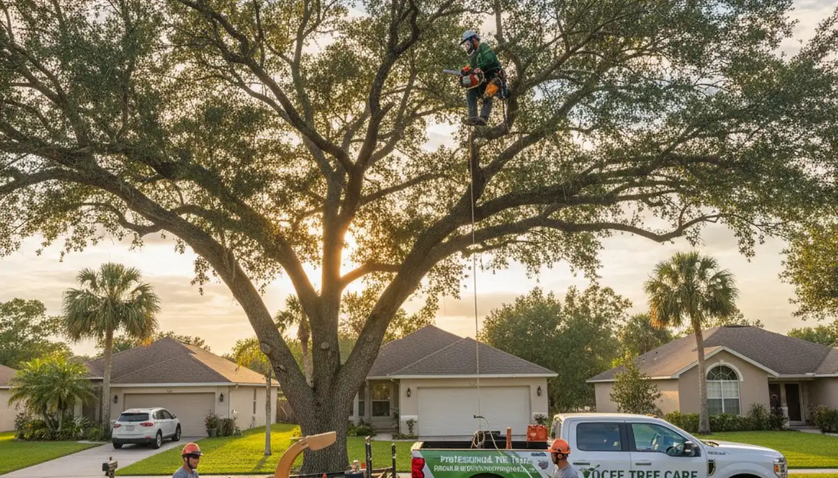 Professional tree removal service in Kissimmee FL safely cutting large oak tree
