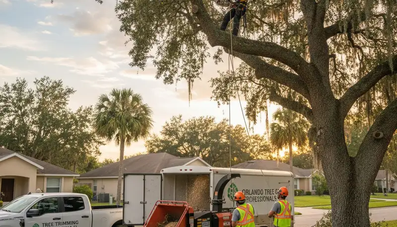 Professional tree removal service crew working safely in Kissimmee FL neighborhood