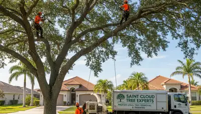 Professional tree removal crew working safely in Kissimmee, FL residential area