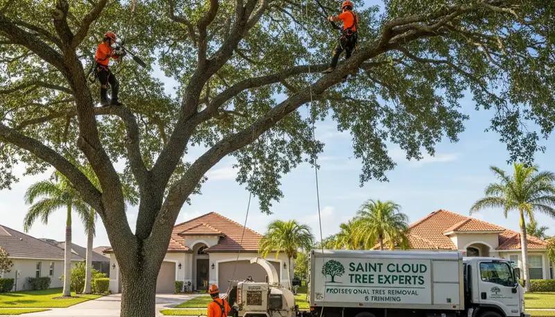 Professional tree removal crew working safely in Kissimmee, FL residential area