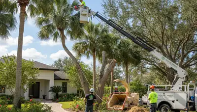 Professional tree removal service crew working safely in Kissimmee FL residential neighborhood
